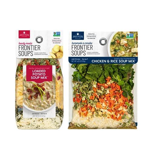 Anderson House Frontier Soups Combo Pack: (1) Rocky Mountain Trail Loaded Potato, 8 oz and (1) Kentucky Homestead Chicken &amp; Rice, 4.25 oz