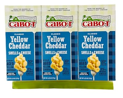 Cabot Macaroni &amp; Cheese Classic Yellow Cheddar Bundle: Includes Three 6.25 oz Boxes of Cabot Classic Yellow Cheddar Shells &amp; Premium Aged Cabot Macaroni &amp; Cheese along with a Reusable Leftover Bag
