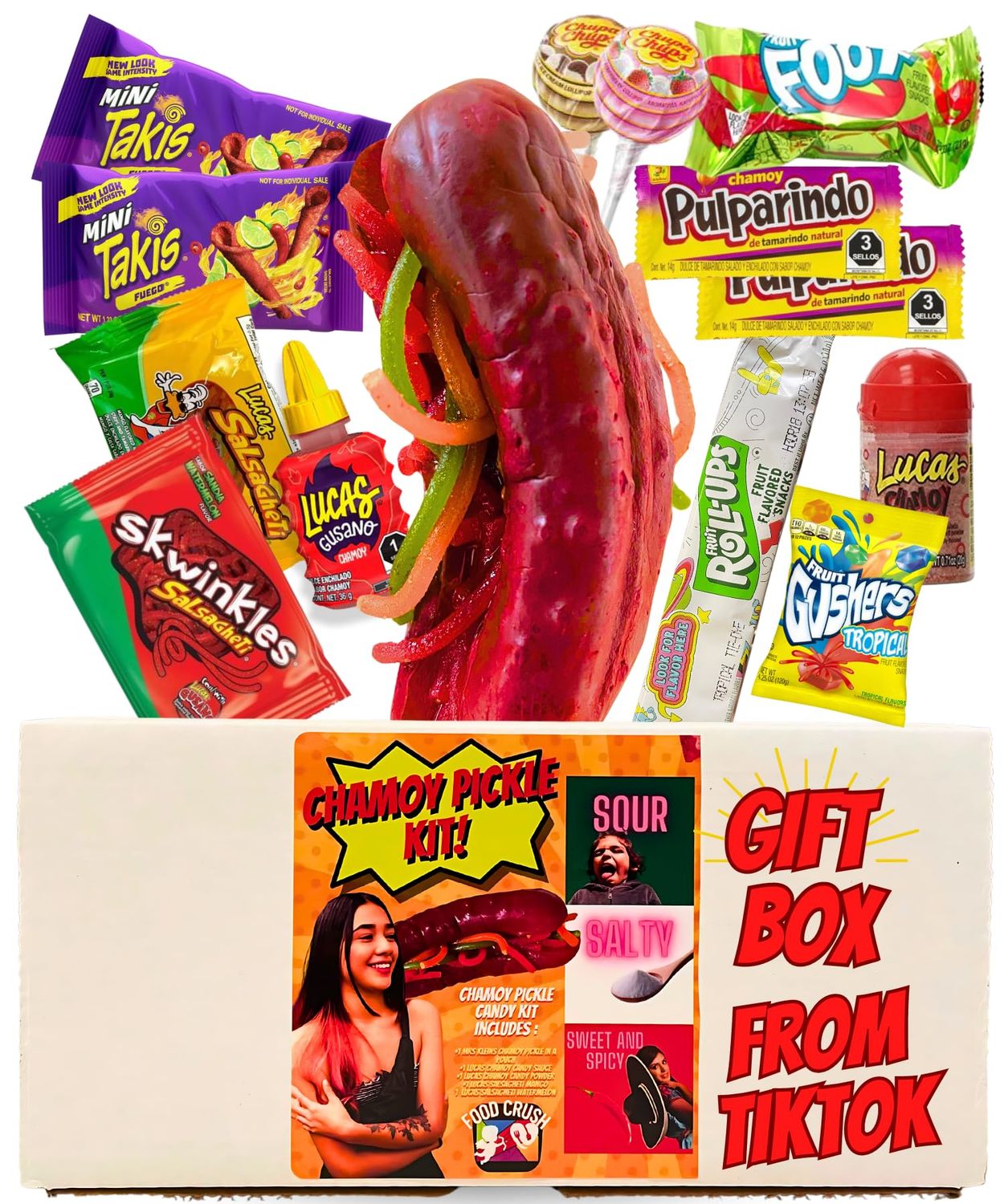 Tiktok Chamoy Pickle Kit With Fruit Roll-up-Takis Chips-Lucas Gusano, Swinkles Salsagheti - Mexican Candy Gift Box-by Food Crush
