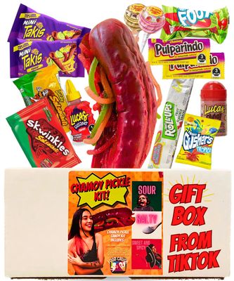 Tiktok Chamoy Pickle Kit With Fruit Roll-up-Takis Chips-Lucas Gusano, Swinkles Salsagheti - Mexican Candy Gift Box-by Food Crush