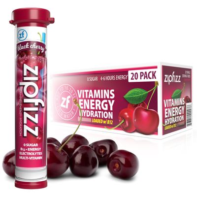 Zipfizz Daily Energy Drink Powder, Black Cherry, 20 Pack | 3-in-1 Sustained Energy, Rapid Hydration, and Essential Vitamins | Sugar-Free | Electrolyte Powder | Contains Vitamin B-12 &amp; Antioxidants