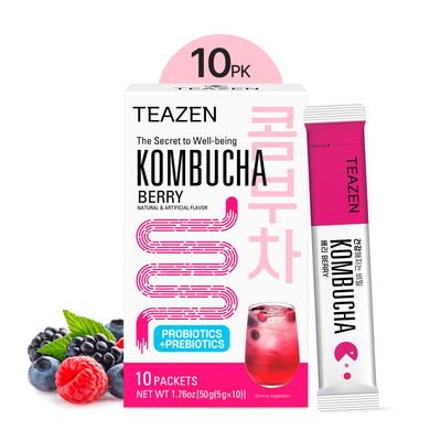 TEAZEN Berry Kombucha Tea, Hydration Drink Mix, Sugar Free, Live Probiotics &amp; Prebiotics, 10 Sticks, 1.76oz
