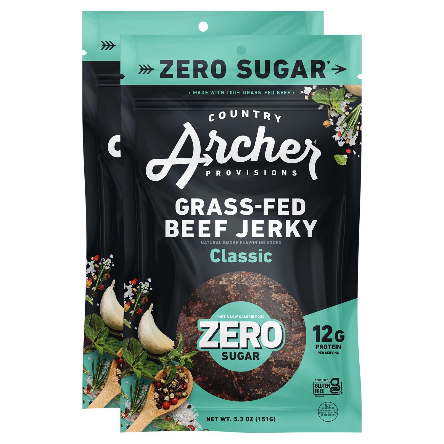 Zero Sugar Classic Beef Jerky by Country Archer, 100% Grass-Fed, Sugar Free, Gluten Free, Protein Snacks, 5.3 Ounce, 2 Pack