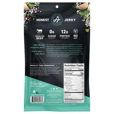 Zero Sugar Classic Beef Jerky by Country Archer, 100% Grass-Fed, Sugar Free, Gluten Free, Protein Snacks, 5.3 Ounce, 2 Pack