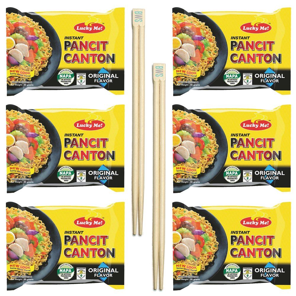 BWS Bamboo Chopsticks (2 Pairs) + Lucky Me! Pancit Canton (6-Pack) Filipino Chow Mein Soupless Ramen Noodles (Original)