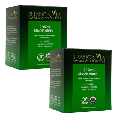 Shangri-La Tea Company Organic Sencha Green Tea, 2 Boxes with 20 Tea Bags Each (40 Total)