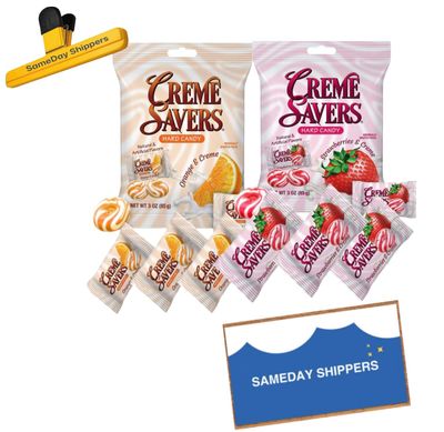 CREME SAVERS  Classic Original Individally Wrapped Strawberries and Creme and Orange and Creme Hard Candy  2  PACK Variety  Sameday Shippers Card