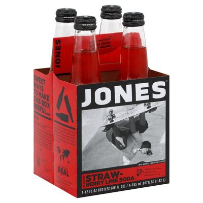 Four(4) Bottles - Jones Soda Co. Strawberry Lime Soda Flavor | 100% Cane Sugar Soda | Craft Soda Pop | Soda Soft Drinks | Glass Bottle Soda