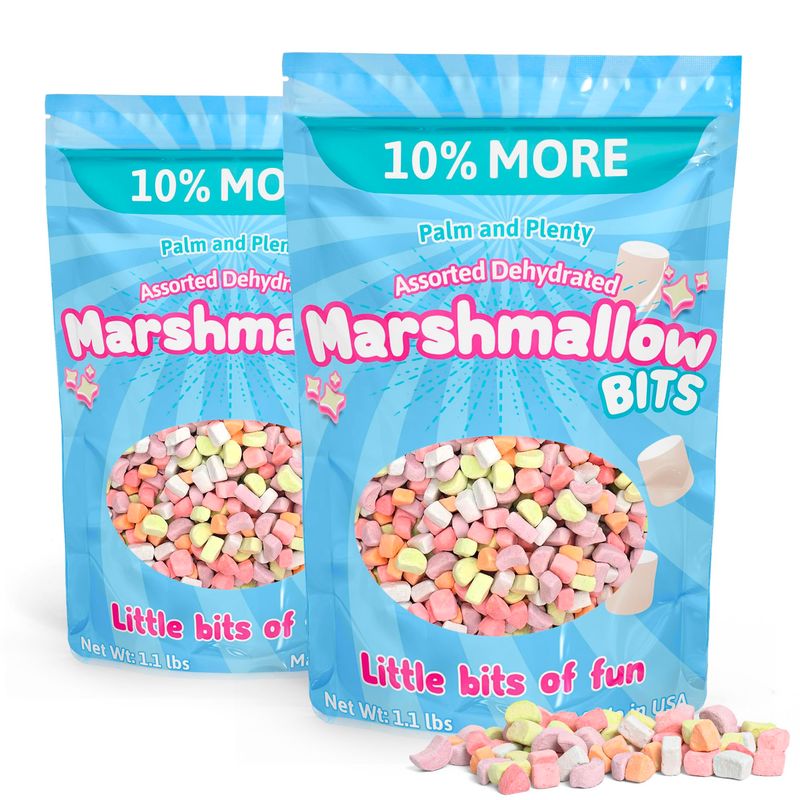 Palm and Plenty Dehydrated Marshmallow Bits | For Cereal, Hot Chocolate, Cocoa, Ice Cream, Desserts | Irresistible Sweet Treats for Snacking and Baking - Assorted 2.20 Lbs. (Two 1.1lb bags)
