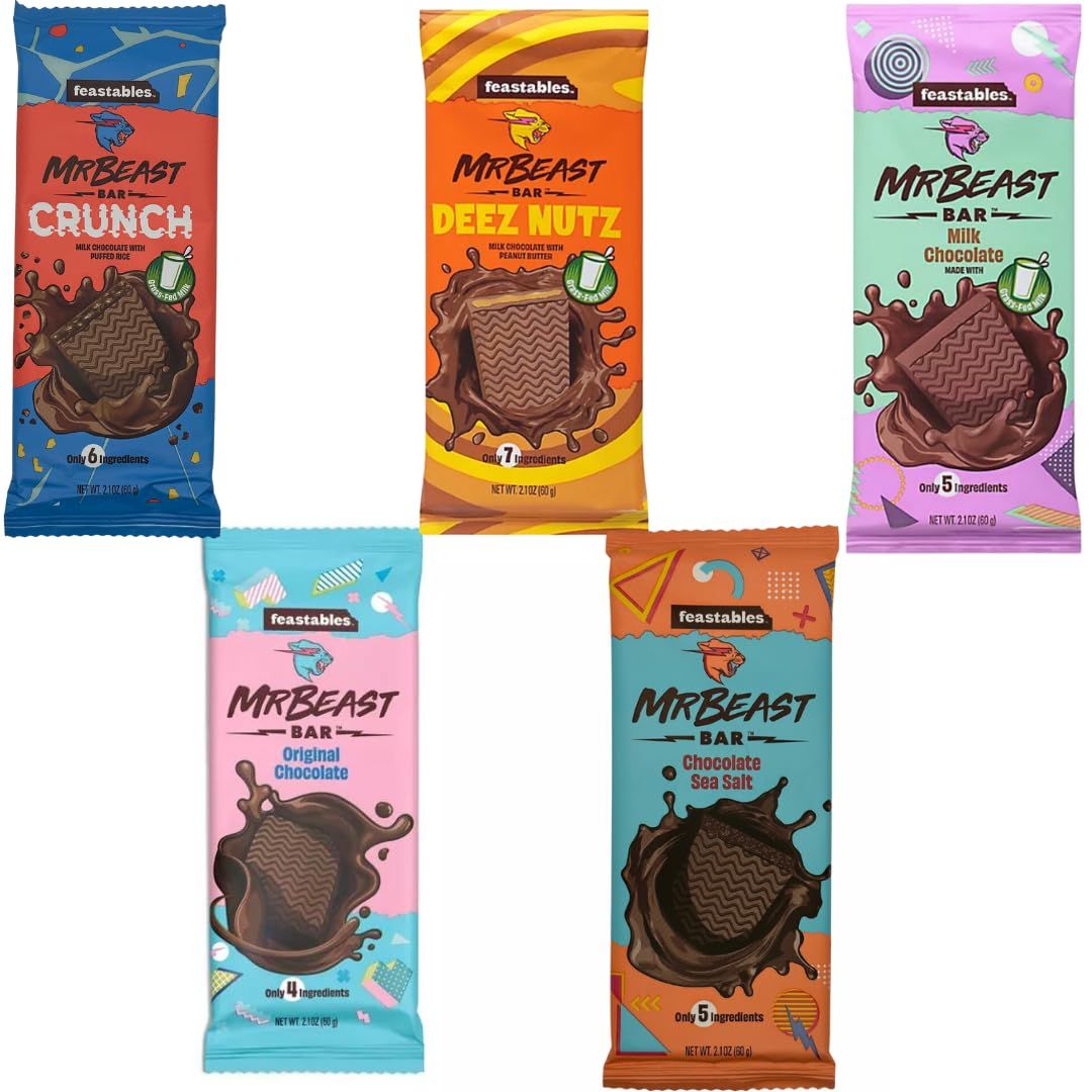 Feastables Mr Beast Chocolate Bars - NEW Deez Nuts Peanut Butter Crunch Chocolate, Milk Chocolate, Original Chocolate, Milk Chocolate, Sea Salt Chocolate Bars (5 Pack)