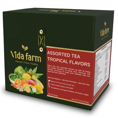 VIDA FARM Premium Assorted Tea Bags - 4 Unique Tropical Flavors, 16 Natural Ingredients, 100 Count, Caffeine-Free, Sugar-Free, Non-GMO - Enjoy Hot or Iced