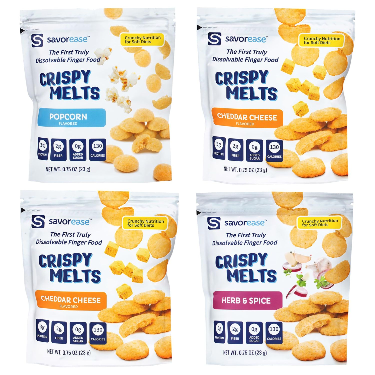 Savorease Crispy Melts Starter Pack - Crunchy Gluten-Free &amp; Non-Dairy Dissolvable Finger Food for Soft Diets Made from Plant-Based Ingredients with No Added Sugar - 4 Pack