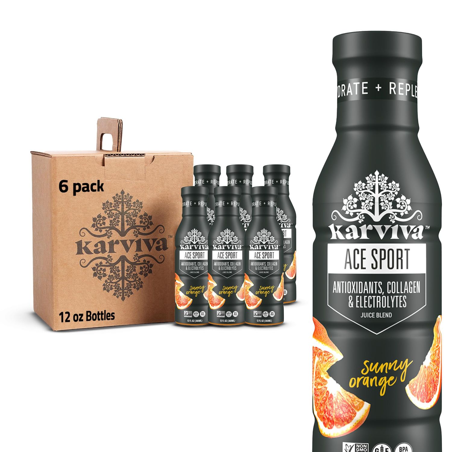 KARVIVA ACE Collagen Juice, Energy Recovery, Healthy Joints, Skin &amp; Hair, Antioxidants, Marine Collagen, Electrolytes, Low-Sugar, Low-Calories, Non-GMO, Vitamins (6 BPA-Free Bottles,12 fl oz Each)