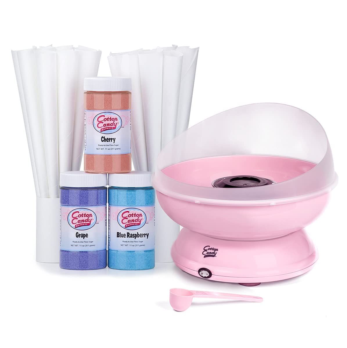Cotton Candy Express CC1000-S Cotton Candy Machine, with 3 - 11oz. Jars of Cherry, Grape, Blue Raspberry, Orange, Pink Vanilla Floss Sugar &amp; 50 Paper Cones Easy to Use and Clean