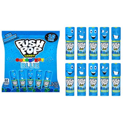 Push Pop Blue Colorfest Holiday Candy Lollipops - 10 Ct Bulk Candy Individually Wrapped in Blue Raspberry Flavor - Hard Candy Lollipops for Party Favors, Stocking Stuffers, Holiday Gifts for Kids