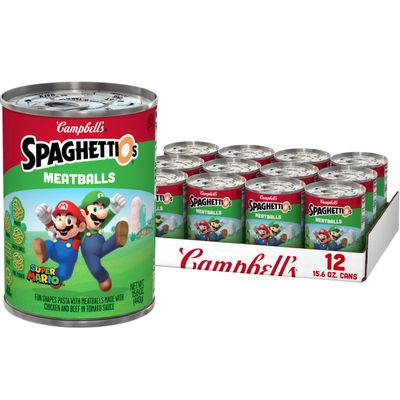 SpaghettiOs Super Mario Bros Canned Pasta with Meatballs, 15.6 oz Can (Pack of 12)