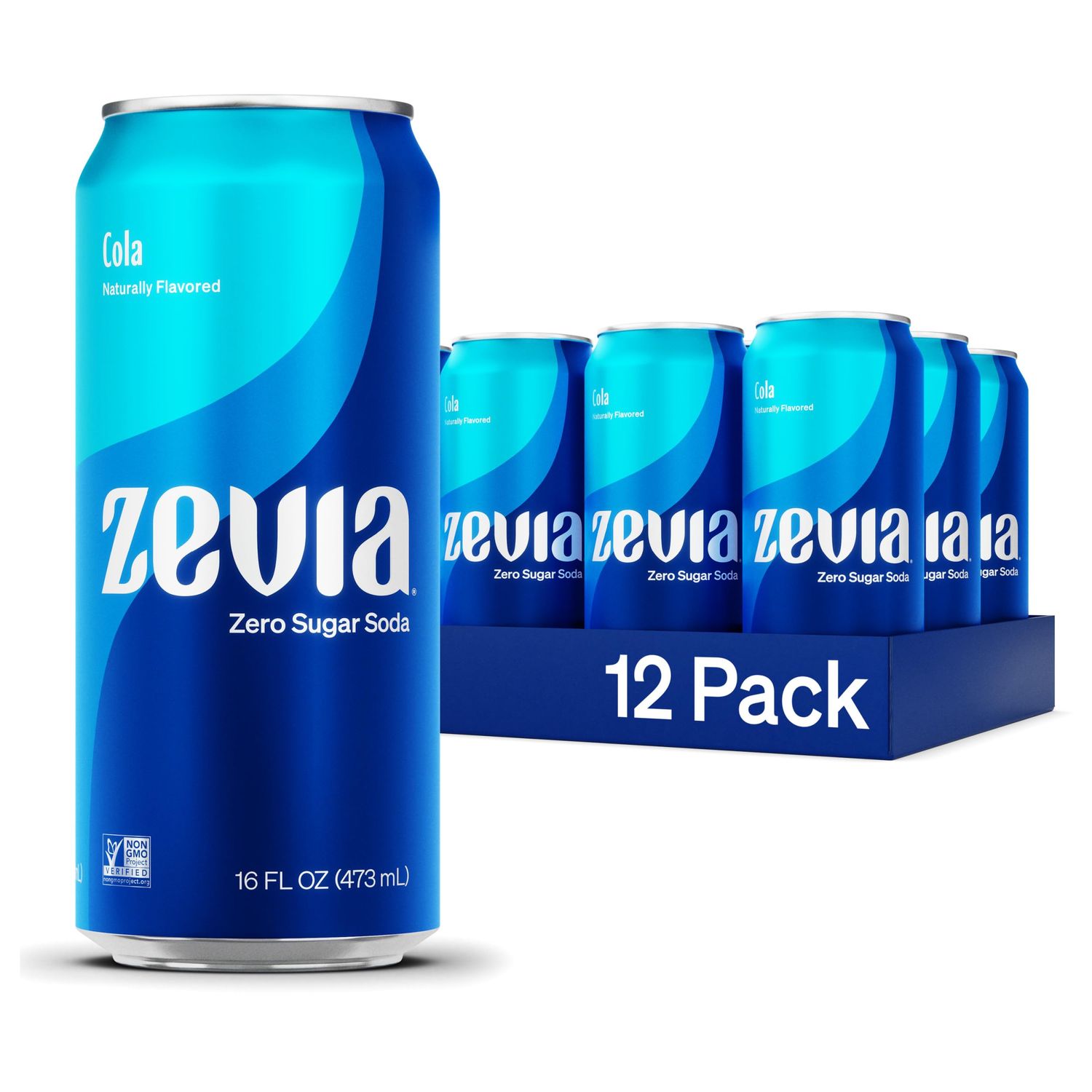 Zevia Zero Sugar, Cola Soda, 16 Fl Oz Cans (Pack of 12)