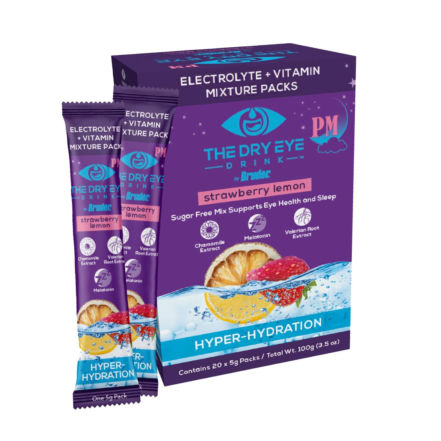 The Dry Eye Drink PM Night Time Strawberry Lemon Flavor l Ultimate Hydration for Dry Eyes l Sugar-Free Electrolyte Powder Packets l Help Deep and Relaxing Night time Sleep l 5g x 20 Packets