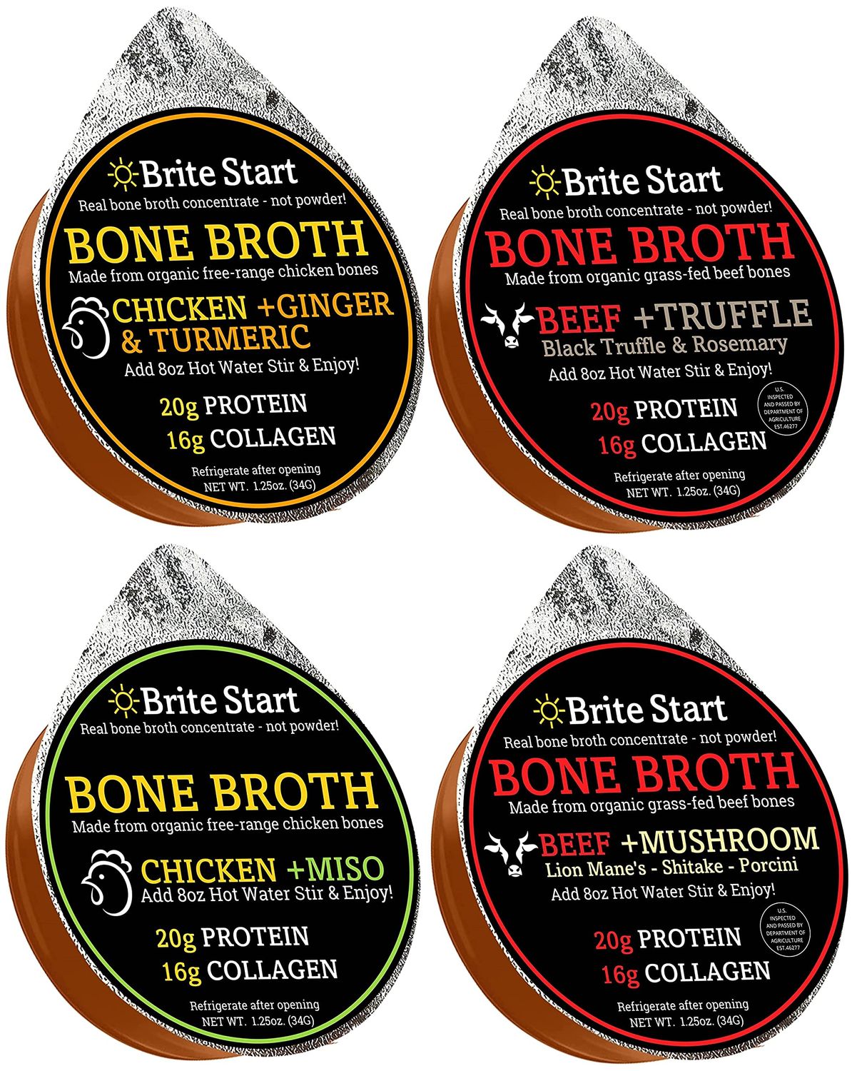 Brite Start Bone Broth - Variety Pack - 4 Count - Keto Friendly Concentrate with 16g Collagen, 20g Paleo Protein - Made from Free Range Chicken Bones &amp; Grass Fed Beef - Single Serve Packets