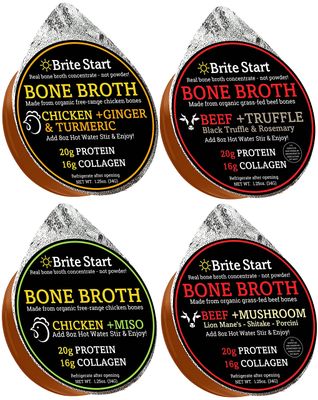 Brite Start Bone Broth - Variety Pack - 4 Count - Keto Friendly Concentrate with 16g Collagen, 20g Paleo Protein - Made from Free Range Chicken Bones &amp; Grass Fed Beef - Single Serve Packets