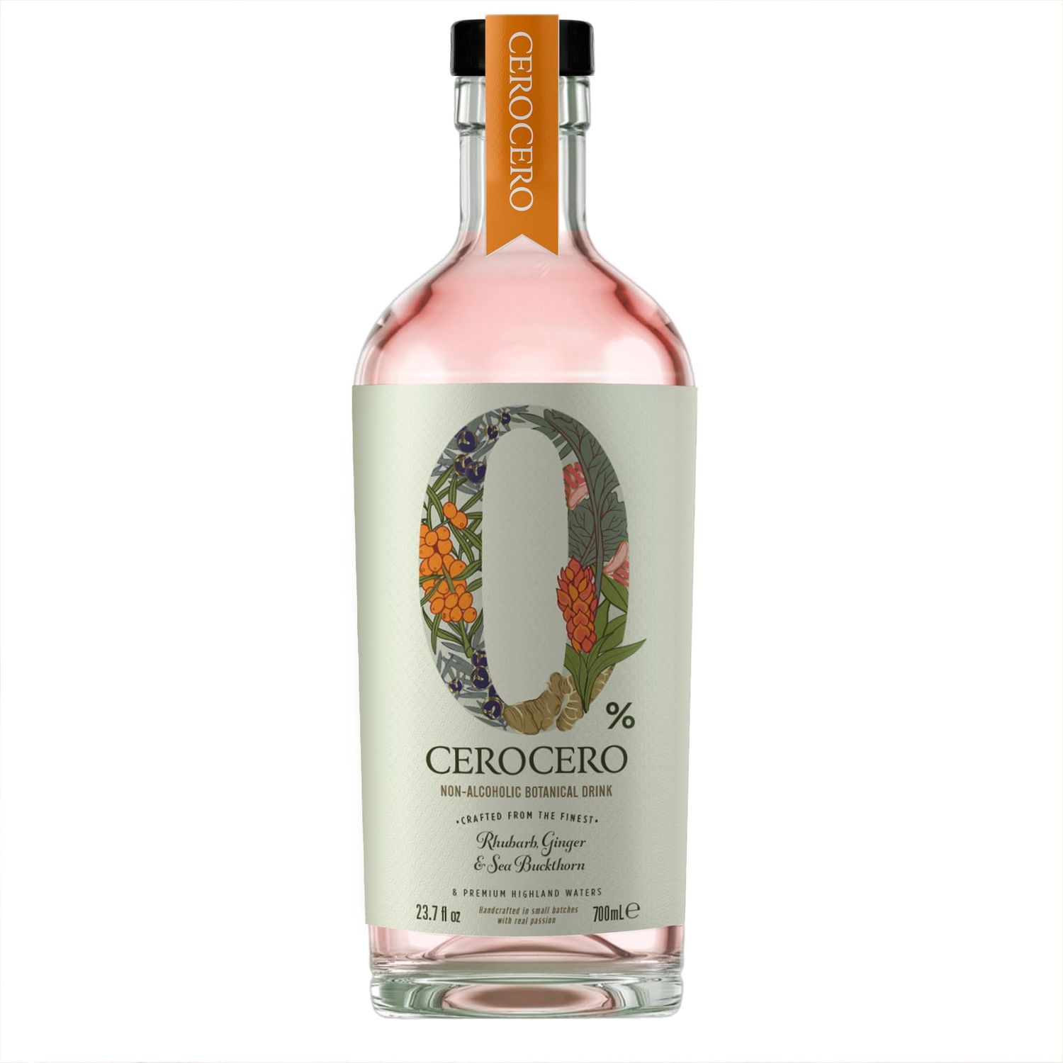 CeroCero Rhubarb, Ginger &amp; Sea Buckthorn Non Alcoholic Gin, Crisp and Refreshing Premium Non Alcoholic Spirits - Halal, Low Sugar, Vegan and Gluten-Free, Part of the Spirits of Virtue Range (700ml)