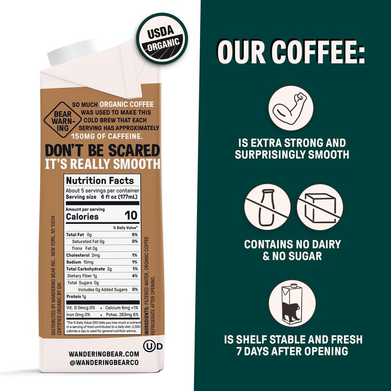 Wandering Bear Straight Black Organic Cold Brew Coffee, Iced Coffee, 32 fl oz, 6 pack - Extra Strong, Smooth, Unsweetened, Shelf-Stable, Ready to Drink, Cold Brewed Coffee, Cold Coffee