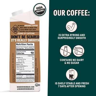 Wandering Bear Straight Black Organic Cold Brew Coffee, Iced Coffee, 32 fl oz, 6 pack - Extra Strong, Smooth, Unsweetened, Shelf-Stable, Ready to Drink, Cold Brewed Coffee, Cold Coffee