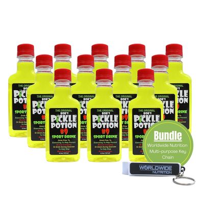 Worldwide Nutrition Bundle: Bob&#39;s Pickle Potion 9 Sports Drinks - Electrolyte Drink for Pre-Workout or Post-Workout - 6.3 Oz, 12 Individual Pickle Juice Bottles &amp; Multi-Purpose Key Chain