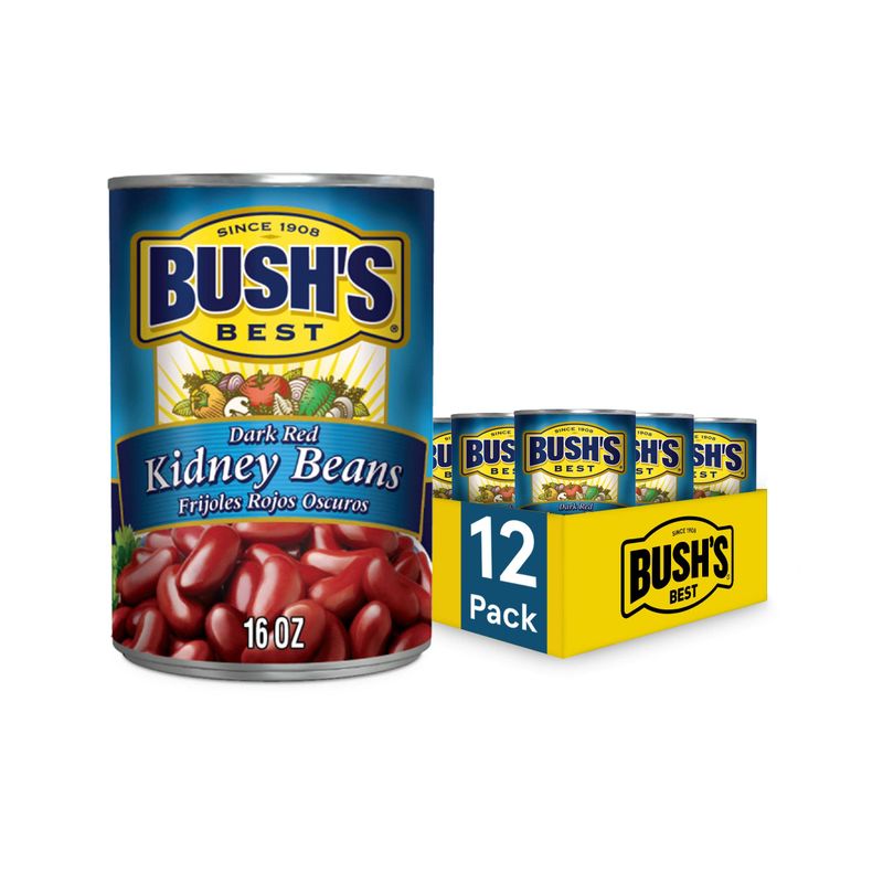 BUSH&#39;S BEST 16 oz Canned Dark Red Kidney Beans, Source of Plant Based Protein and Fiber, Low Fat, Gluten Free, (Pack of 12)