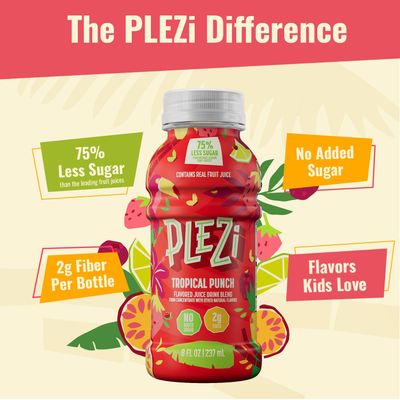 PLEZi Flavored Kids Juice Drink - Tropical Punch Fruit Juice Drink Blend - No Added Sugar, 2g Fiber - Tasty Refreshing Juices for Kids - 8 fl oz (Pack of 12)