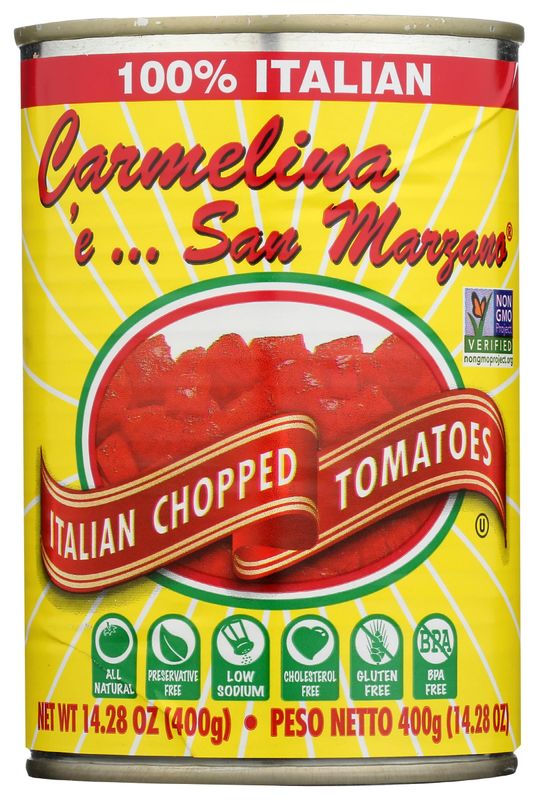 Carmelina E San Marzano Italian Chopped Tomatoes in Puree, All Natural, Low Sodium, No Preservatives, Kosher, Gluten Free &amp; Non-GMO, 14.28 Ounce (Pack of 12)