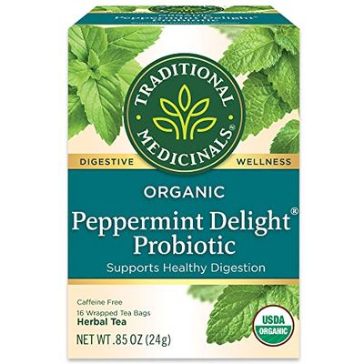 Traditional Medicinals Tea, Organic Peppermint Delight Probiotic, Supports Healthy Digestion, Includes Spearmint 16 Tea Bags