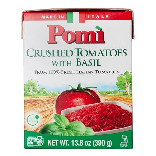 Pom Crushed Tomatoes with Basil 13.8oz (Pack of 12) - Creamy, Velvety Italian Sauce, No Salt, Additives/Preservatives, GMO-Free, Gluten-Free, 100 Fresh Tomatoes