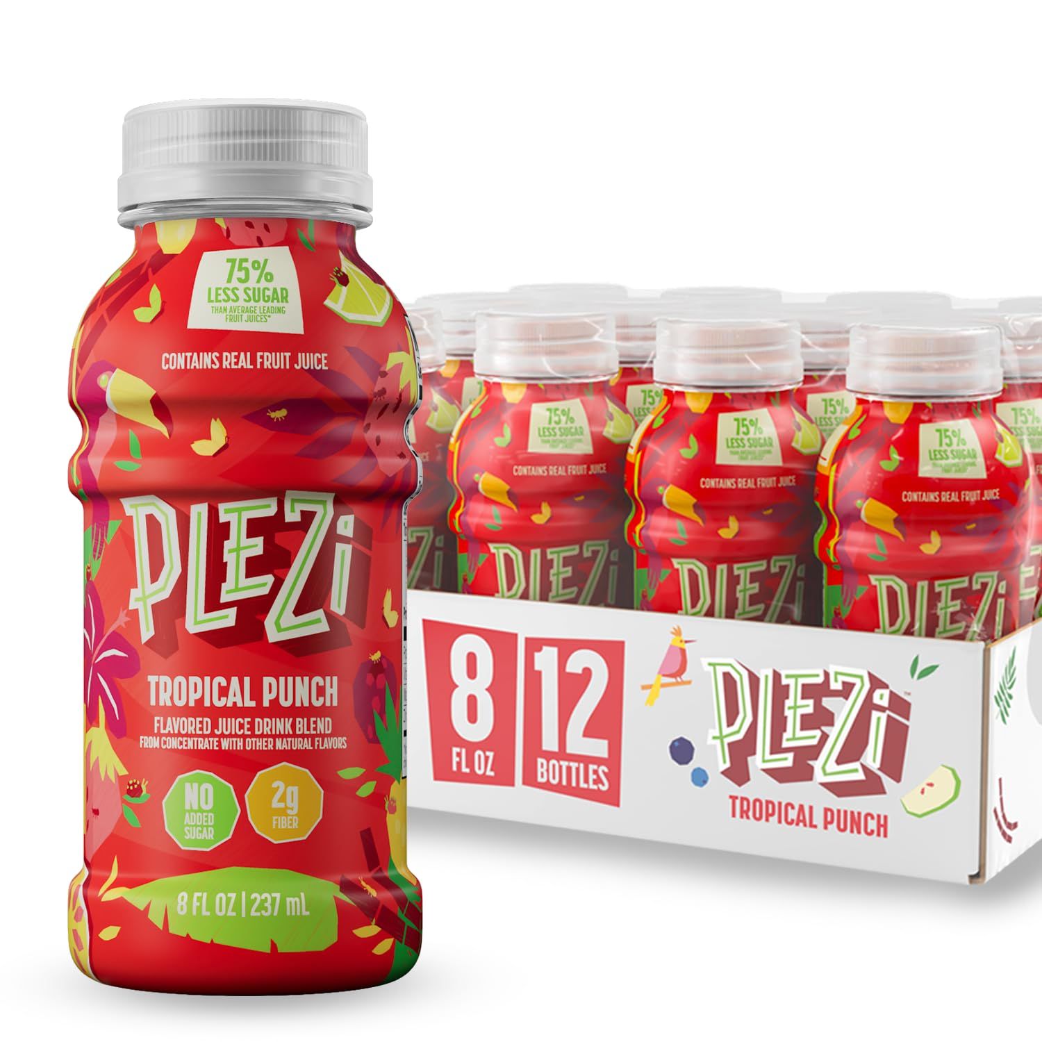 PLEZi Flavored Kids Juice Drink - Tropical Punch Fruit Juice Drink Blend - No Added Sugar, 2g Fiber - Tasty Refreshing Juices for Kids - 8 fl oz (Pack of 12)