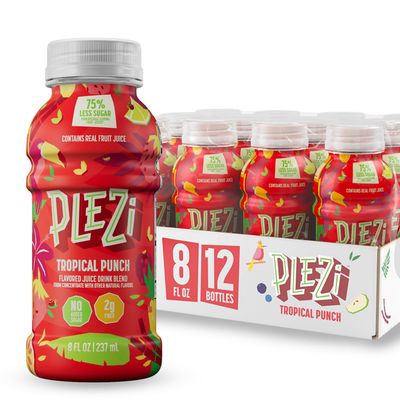 PLEZi Flavored Kids Juice Drink - Tropical Punch Fruit Juice Drink Blend - No Added Sugar, 2g Fiber - Tasty Refreshing Juices for Kids - 8 fl oz (Pack of 12)