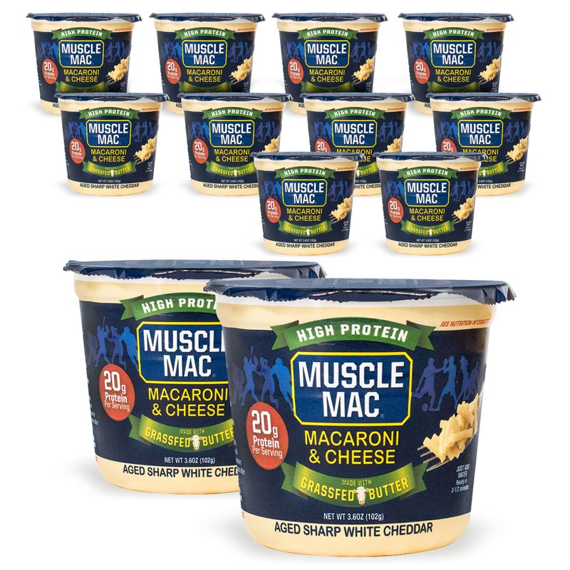 Muscle Mac Macaroni &amp; Cheese Microwave Cup, Aged Sharp White Cheddar, 3.6 Ounce (Pack of 12)