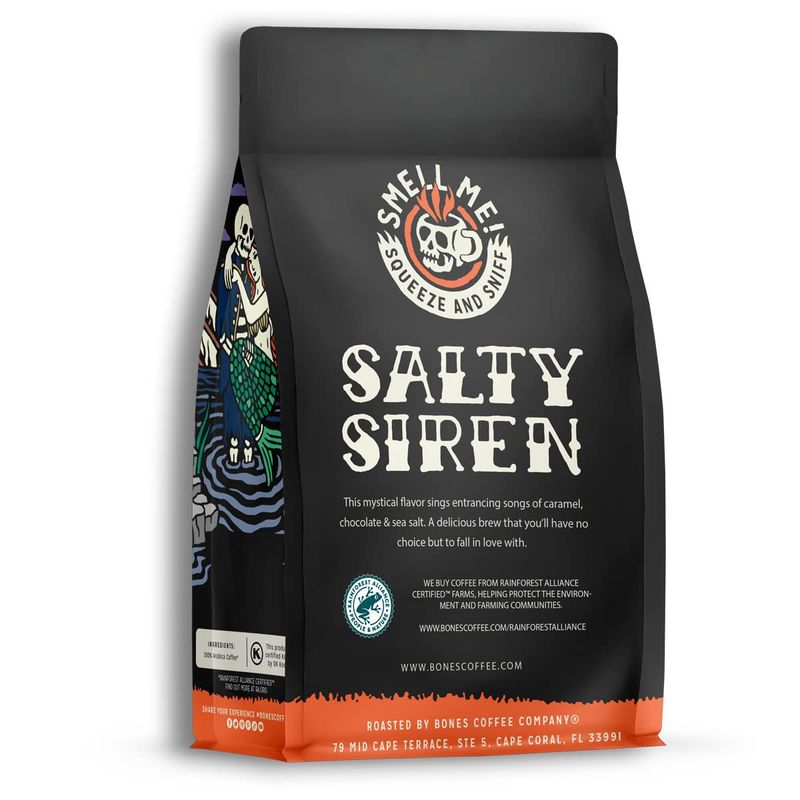 Bones Coffee Company Salty Siren Ground Coffee Beans Caramel Chocolate Flavor, Low Acid Flavored Coffee, Made with Arabica Coffee Beans, Medium Roast Gourmet Coffee (12 oz)
