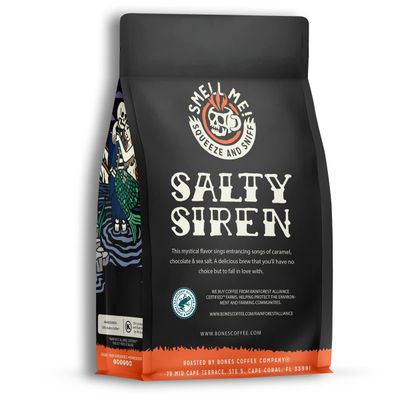 Bones Coffee Company Salty Siren Ground Coffee Beans Caramel Chocolate Flavor, Low Acid Flavored Coffee, Made with Arabica Coffee Beans, Medium Roast Gourmet Coffee (12 oz)