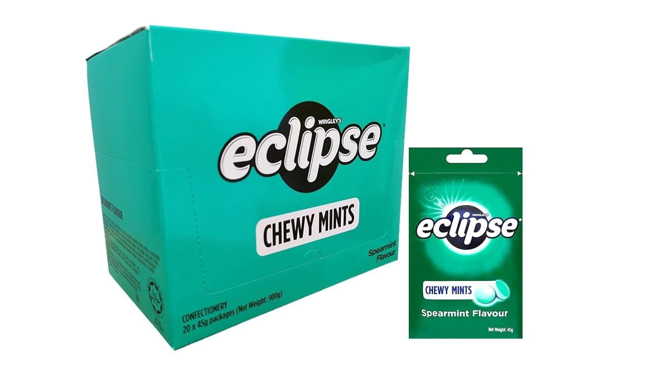 Eclipse Chewy Mints Assorted Flavor Powerful Fresh Breath Peppermint Spearmint Green Grape Strawberry Minty Lemon 1.6 Oz 20 Packs (Spearmint)
