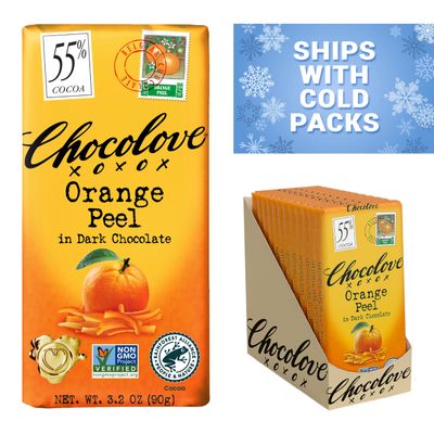 Chocolove Orange Peel Dark Chocolate Bars | 55% Cocoa | Tangy Orange Peel Bits | Smooth &amp; Sweet | Premium Belgian Dark Chocolate |Non GMO, Rainforest Alliance Certified, 3.2oz Bar (12 Pack)