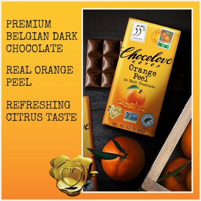 Chocolove Orange Peel Dark Chocolate Bars | 55% Cocoa | Tangy Orange Peel Bits | Smooth & Sweet | Premium Belgian Dark Chocolate |Non GMO, Rainforest Alliance Certified, 3.2oz Bar (12 Pack)
