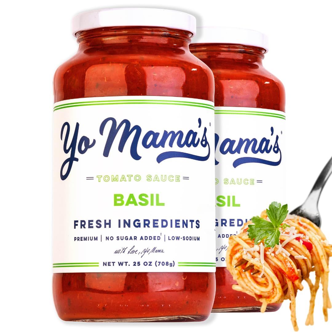 Yo Mama&#39;s Foods Keto Tomato Basil Pasta Sauce - Pack of (2) - No Sugar Added, Low Carb, Low Sodium, Vegan, Gluten Free, Paleo Friendly, and Made with Whole, Non-GMO Tomatoes