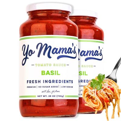 Yo Mama&#39;s Foods Keto Tomato Basil Pasta Sauce - Pack of (2) - No Sugar Added, Low Carb, Low Sodium, Vegan, Gluten Free, Paleo Friendly, and Made with Whole, Non-GMO Tomatoes