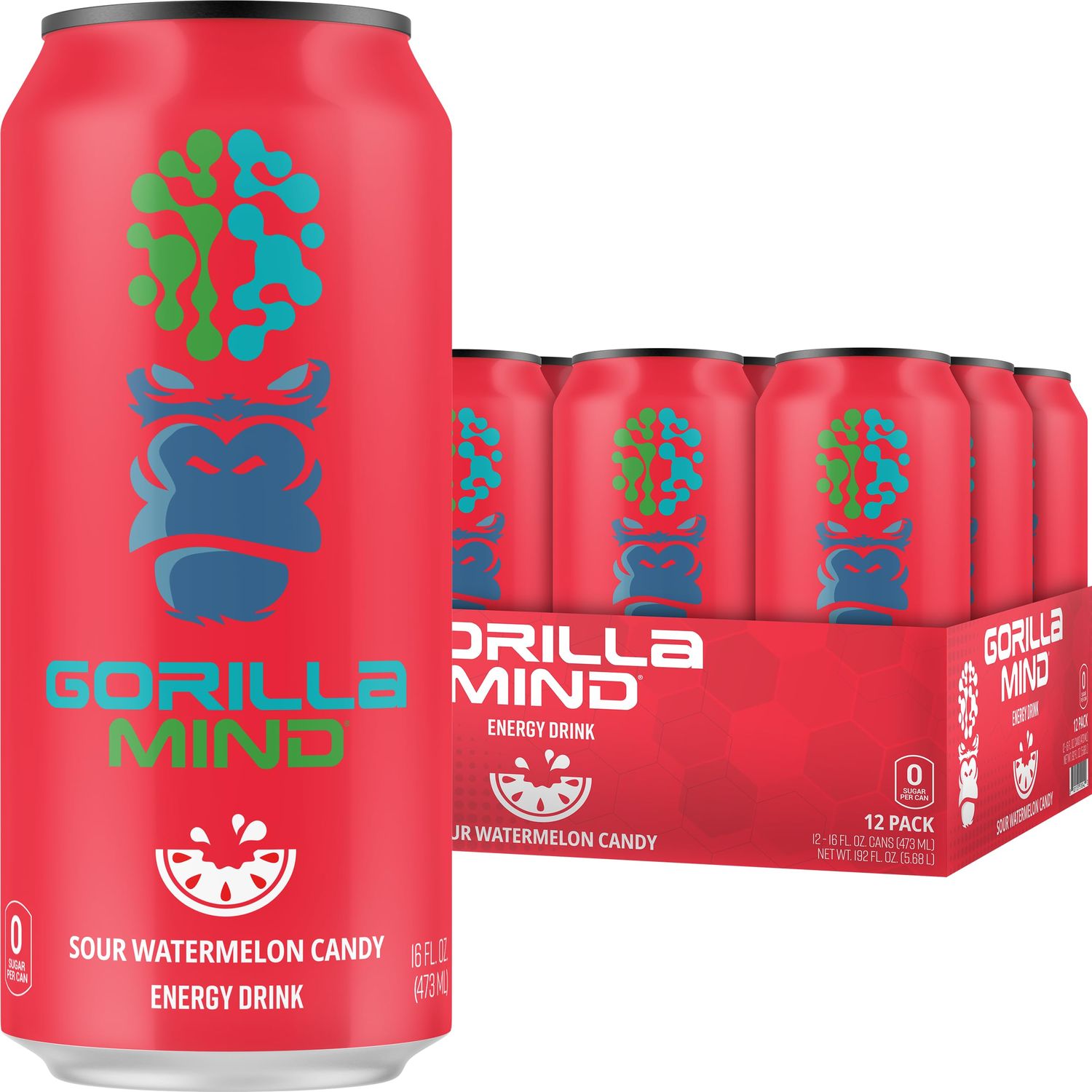 Gorilla Mind Energy Drink | Unmatched Energy  Amplified Focus | N-Acetyl-L-Tyrosine, Alpha-GPC, 200mg Caffeine, Uridine, Saffron | 0 Sugar Or Artificial Colors | 16oz, 12-Pack (Sour Watermelon Candy)