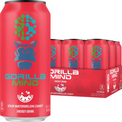 Gorilla Mind Energy Drink | Unmatched Energy  Amplified Focus | N-Acetyl-L-Tyrosine, Alpha-GPC, 200mg Caffeine, Uridine, Saffron | 0 Sugar Or Artificial Colors | 16oz, 12-Pack (Sour Watermelon Candy)