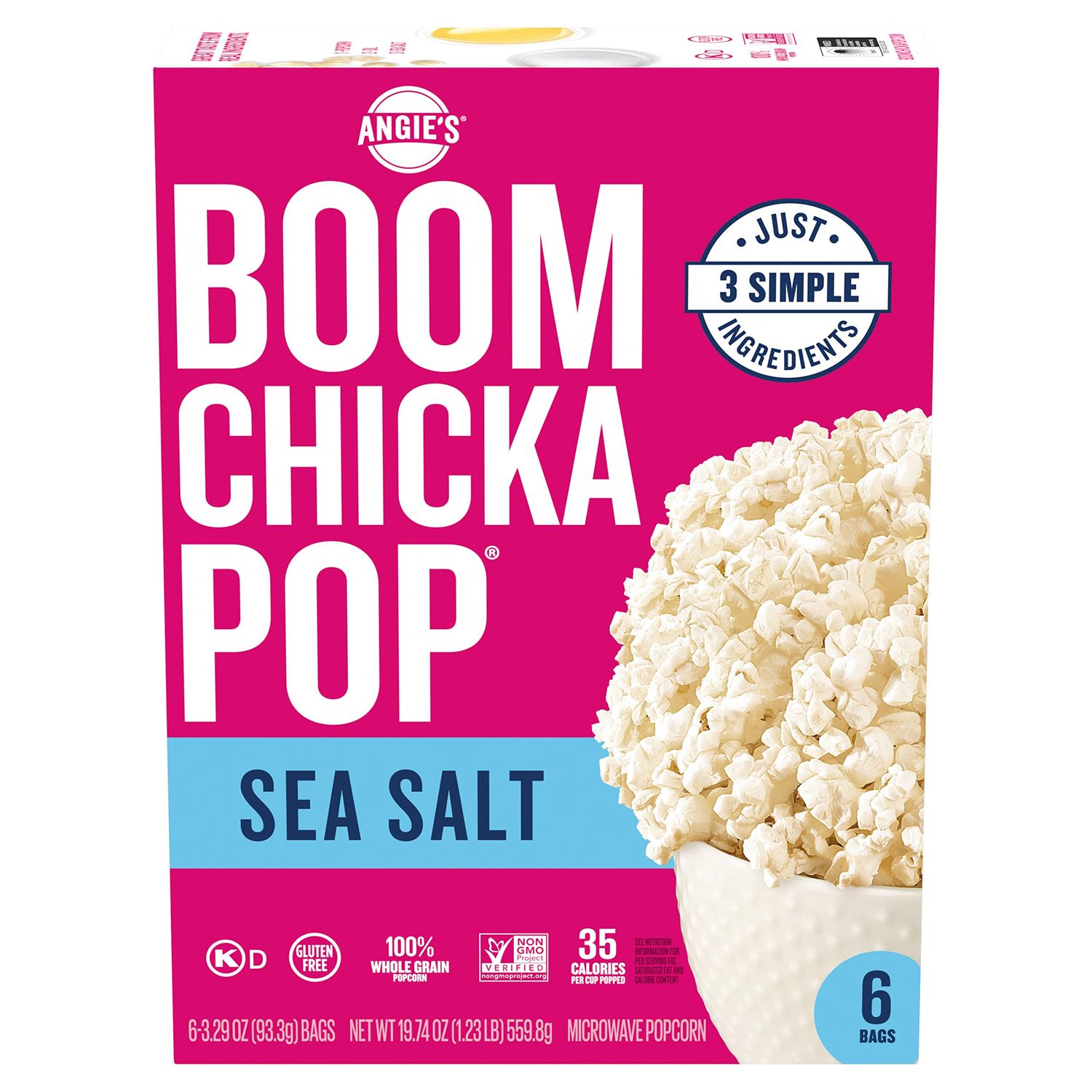 Angie&#39;s BOOMCHICKAPOP Sea Salt Microwave Popcorn, 6 Count, 3.29 oz. bags