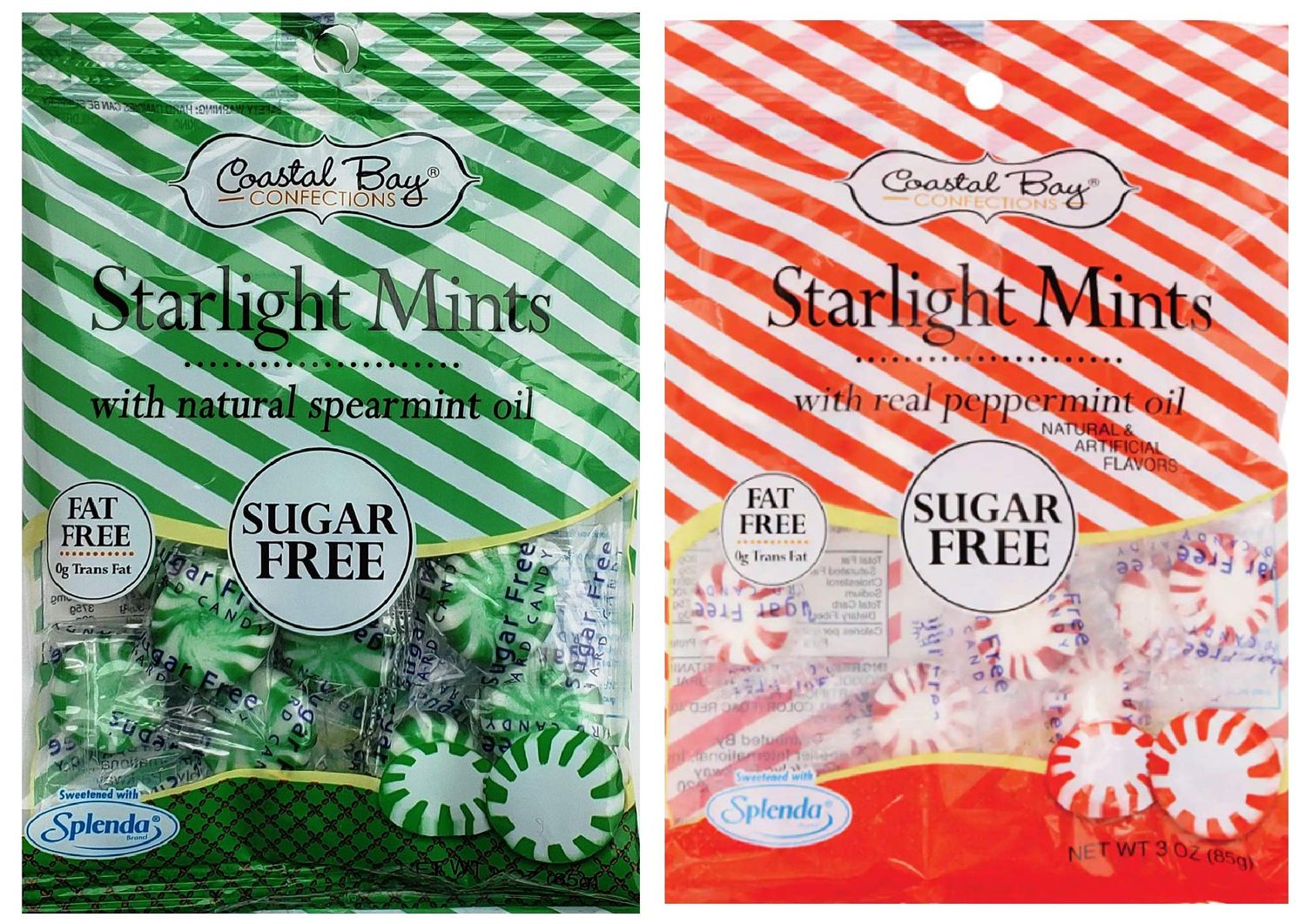 Coastal Bay Confections 1 (3 oz.) Each Sugar Free Bag Starlight Mints With Natural Spearmint Oil and Starlight Mints with Real Peppermint Oil | Holiday Green and Red Candy Variety Mix