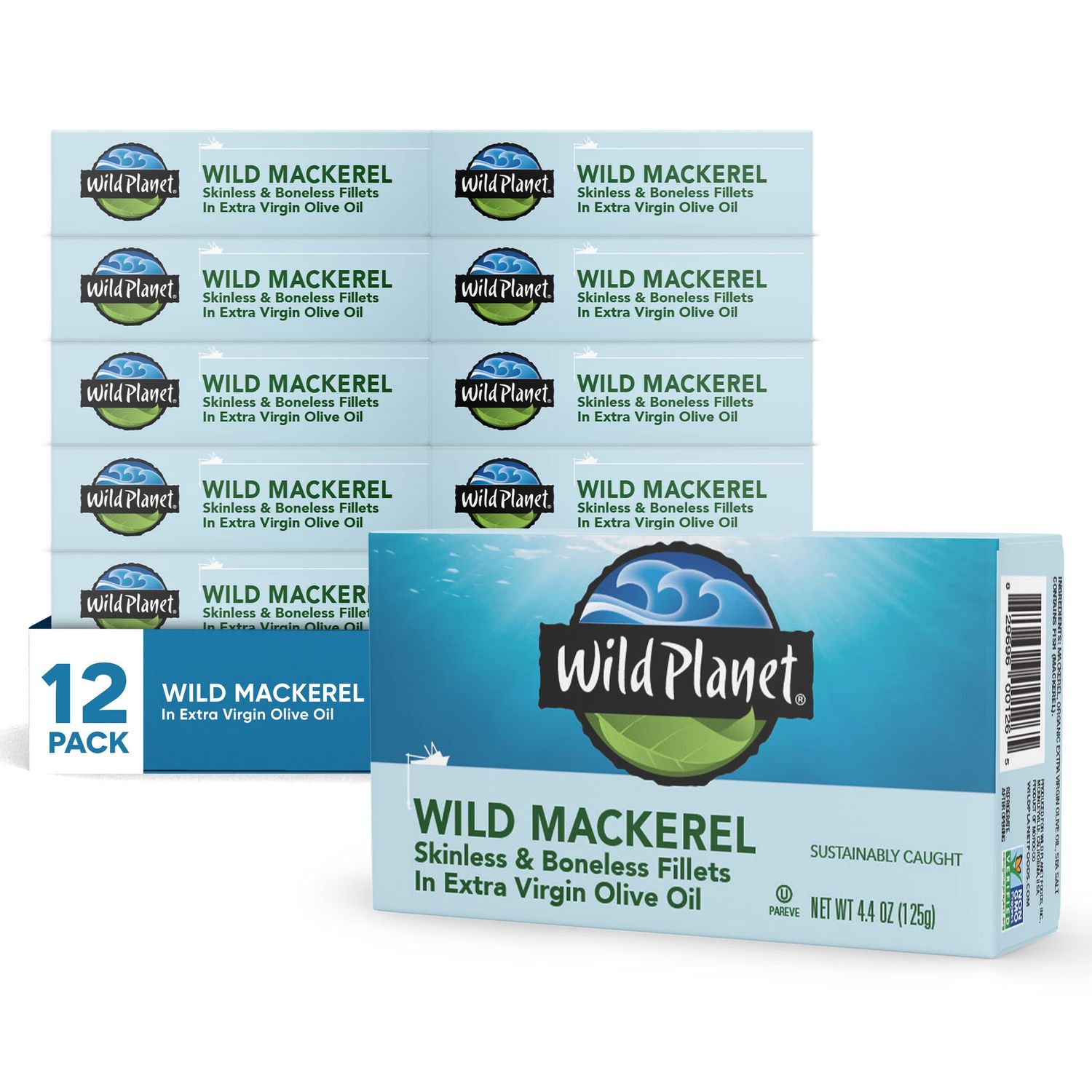 Wild Planet Wild Mackerel Fillets in Organic Extra Virgin Olive Oil, Skinless &amp; Boneless, Tinned Fish, 4.4 Ounce ( Pack of 12)