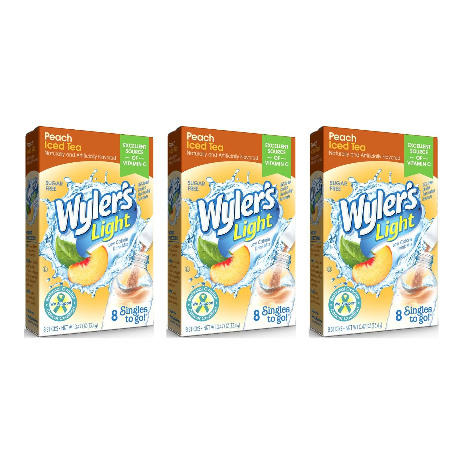 Wyler&#39;s Light Singles To Go Powder Packets, Water Drink Mix, Peach Iced Tea, 8 Packets per Box, 24 total Packets (Pack of 3)