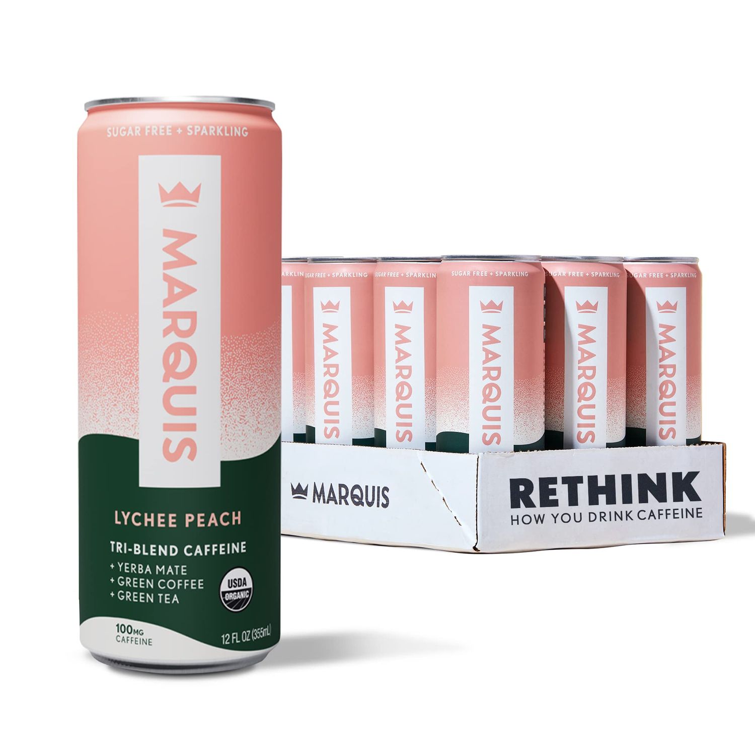 Marquis - Natural Energy Drink - Lychee Peach - Sugar Free - 0 Calories - 100mg of Organic Plant Based Caffeine - Yerba Mate - Green Tea - Vitamin C &amp; B Vitamins - Vegan - 12 oz Cans - 12 Pack